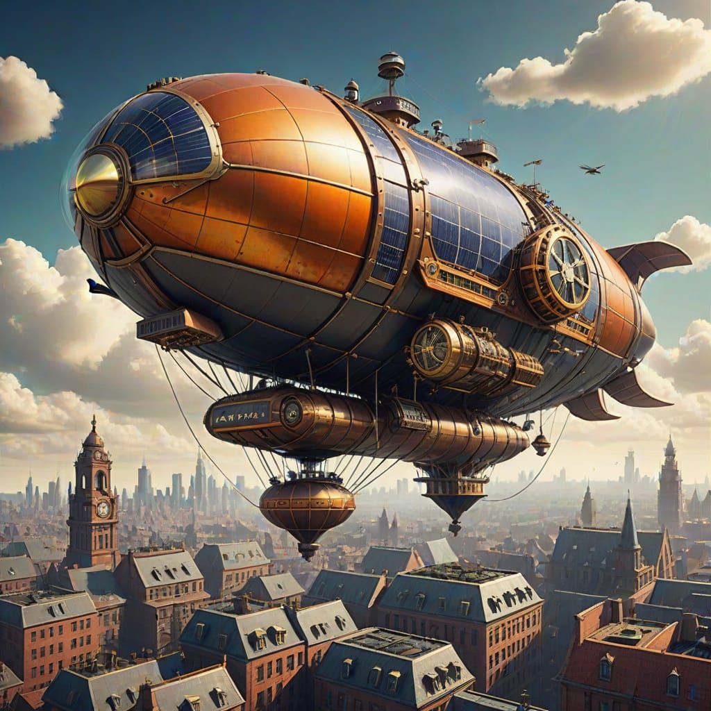 Steampunk World with Solar Panels and Blimp