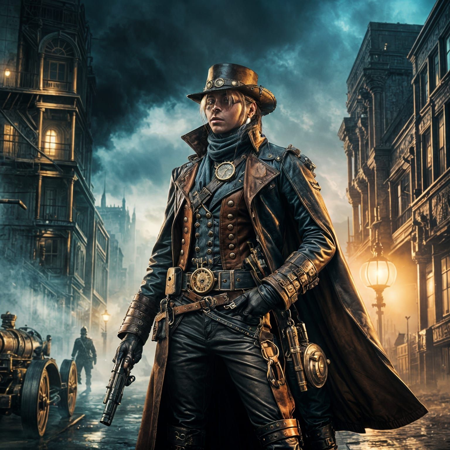Steampunk Bounty Hunter in Dystopian Cityscape