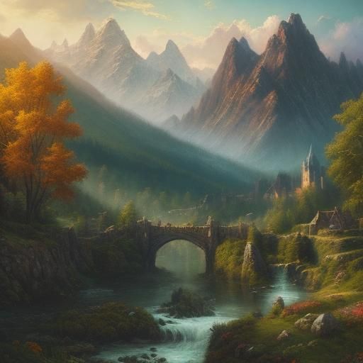 Fantasy Mountain Town in Golden Light, Oil Painting