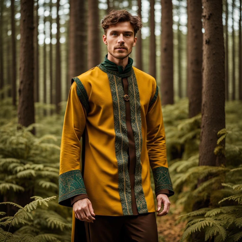 Unique forest wanderer outfit: long-sleeved tunic, patterns inspired by Nordic folk
