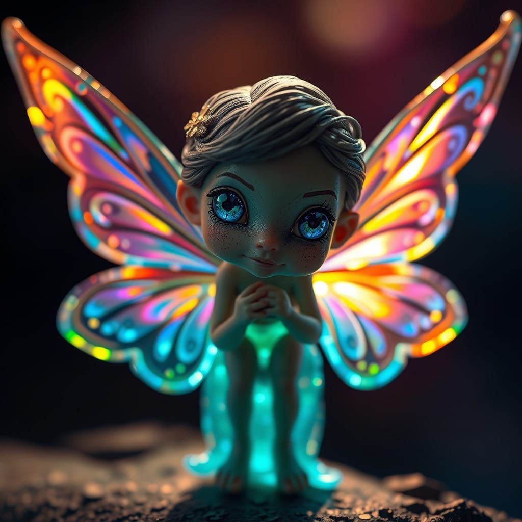 Mystical Clay Pixie Fairy with Iridescent Wings in Detailed...
