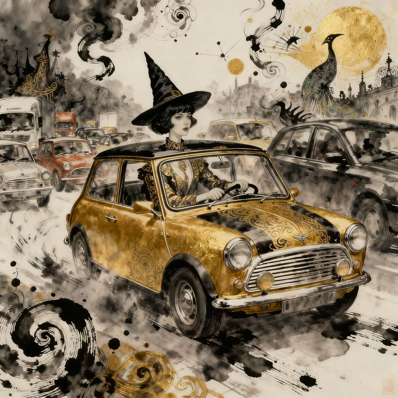 Whimsical 60s Woman Drives Mini Cooper in Rush Hour