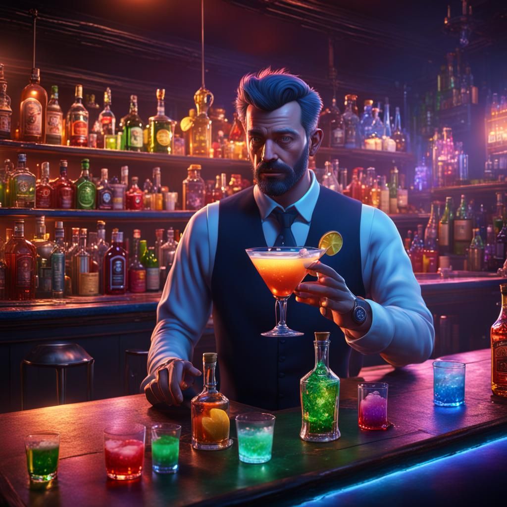 Colorful Bartender Does Drink Tricks, Matte Painting