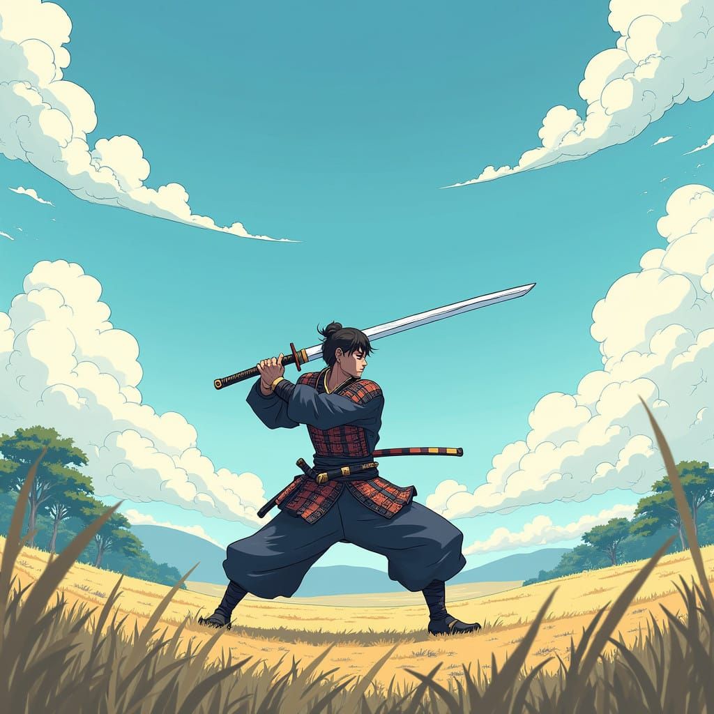 Swordsman Trains with Katana in Serene Japanese Landscape