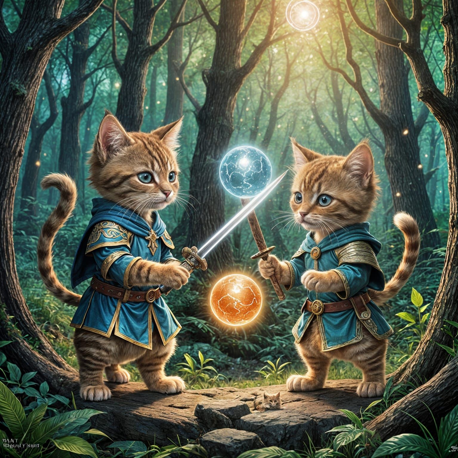 Anime Fantasy Kittens: Warrior and Mage in Enchanted Forest