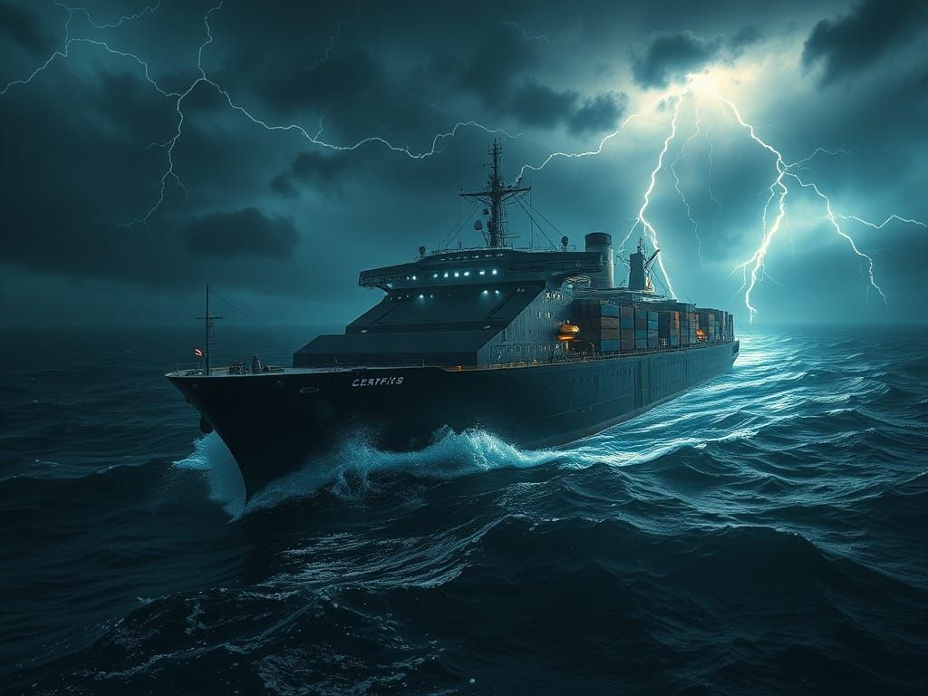 Epic Cargo Ship in Stormy Seas at Night