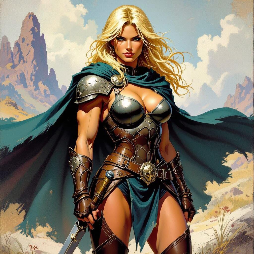 Vibrant Blonde Warrior in Mythical Landscape