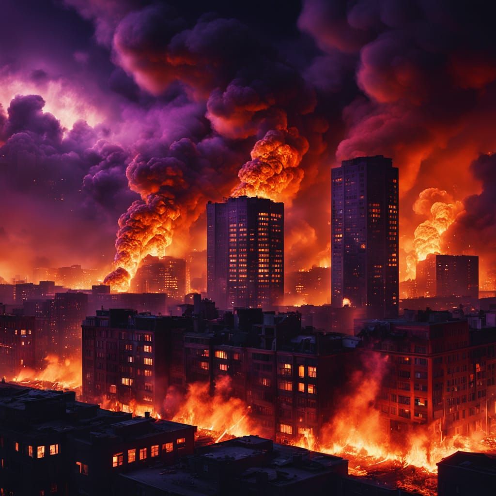 City Burns Under Fiery Night Sky: Cinematic Film Still