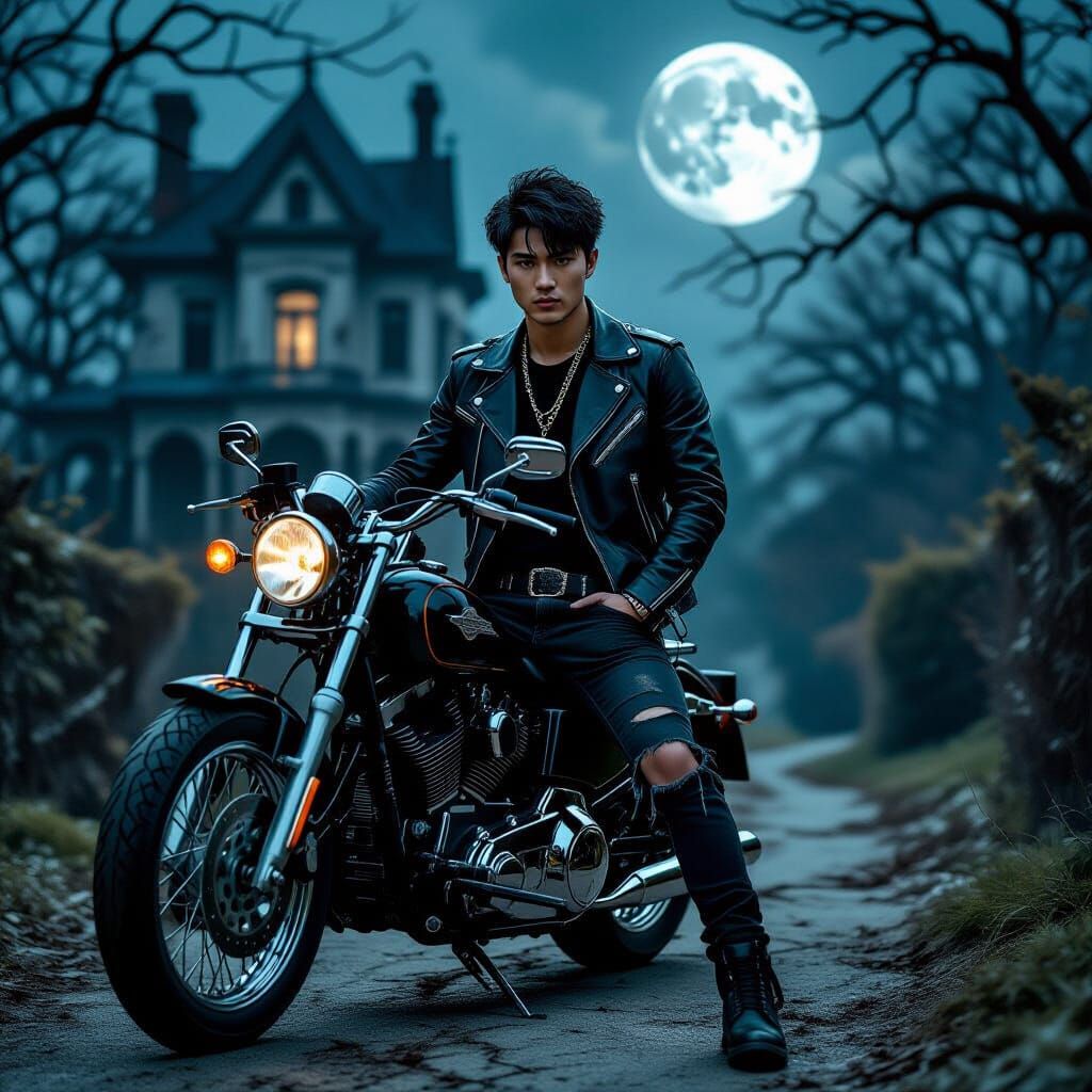 Gothic Mansion Motorcycle Ride in Grayscale
