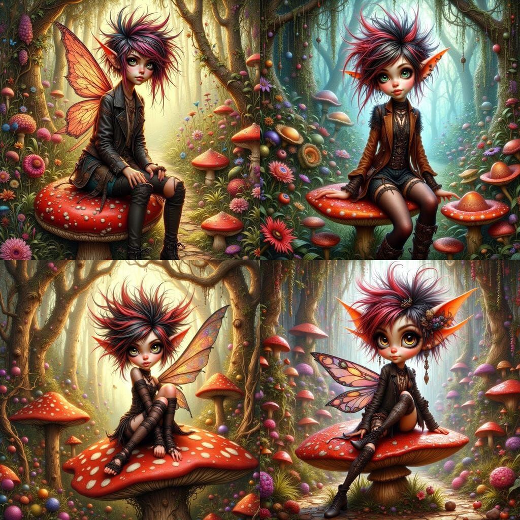 Punky Goth Pixie on Red Mushroom in Fantasy Forest Digital A...