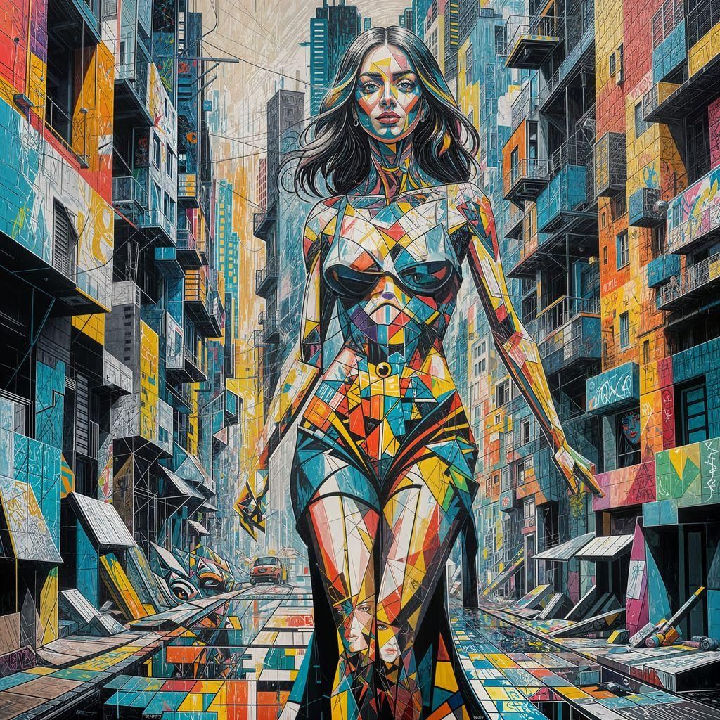 Abstract Cubist Woman: Graffiti Art and Splash Effects