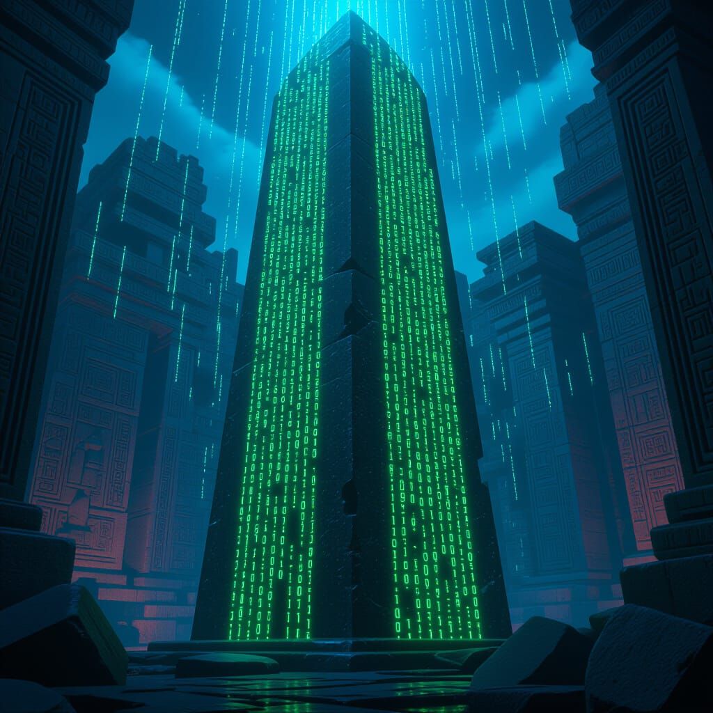 Binary Code Cascade in Cyberpunk Ruins