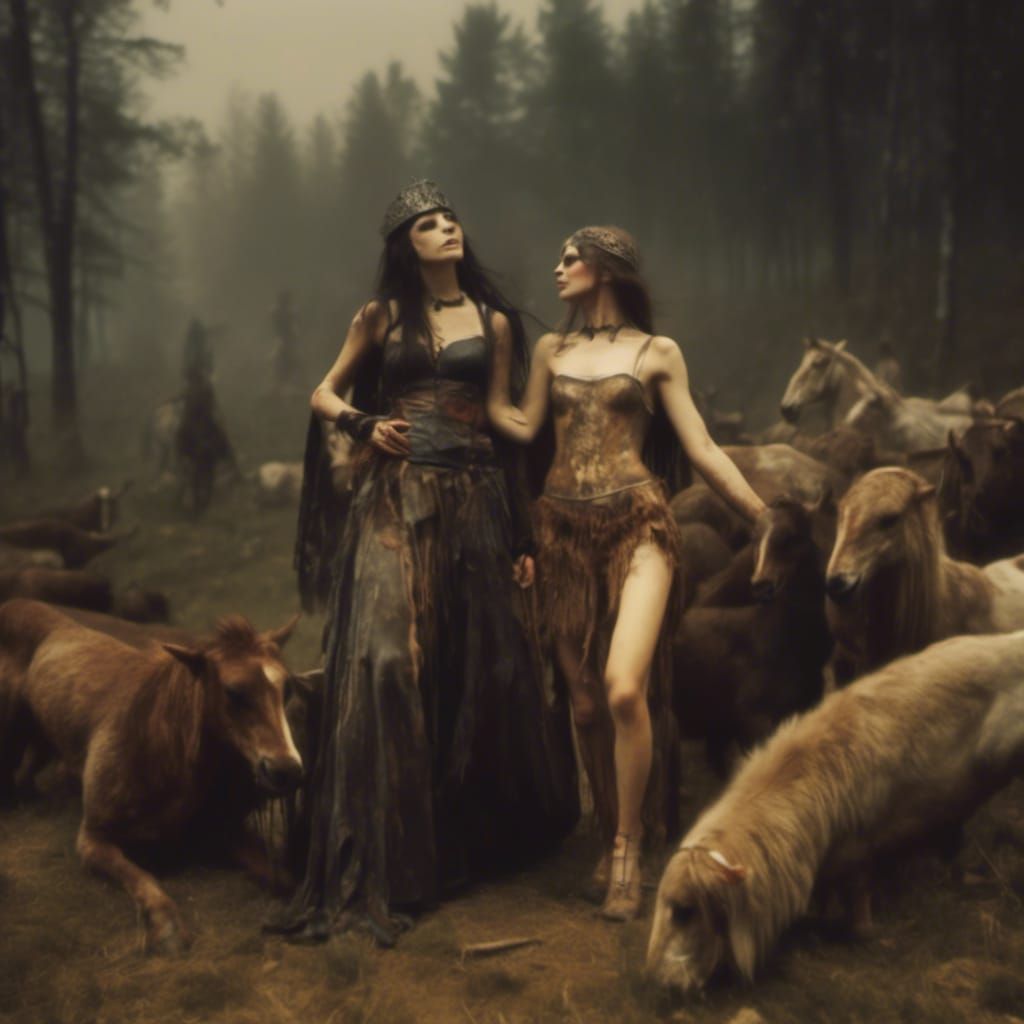 Fantasy Lesbian Lovers Kissing in Macabre Style