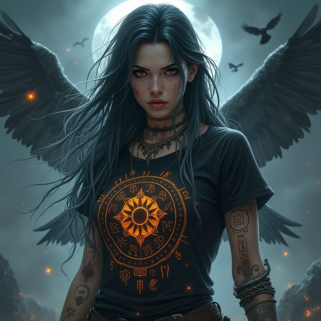 Chaotic Goddess with Runes and Ravens in Fantasy Style