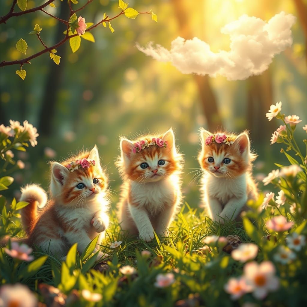 Whimsical Kitten Woodland Scene in Impressionist Style