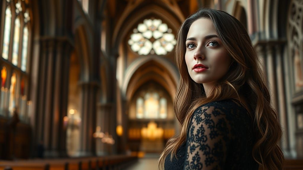 Gothic Woman in Baroque Church: Professional Photography