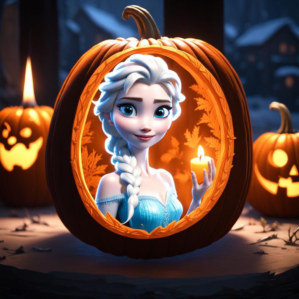 carved frozen Elsa candlelight from inside a Pumpkin