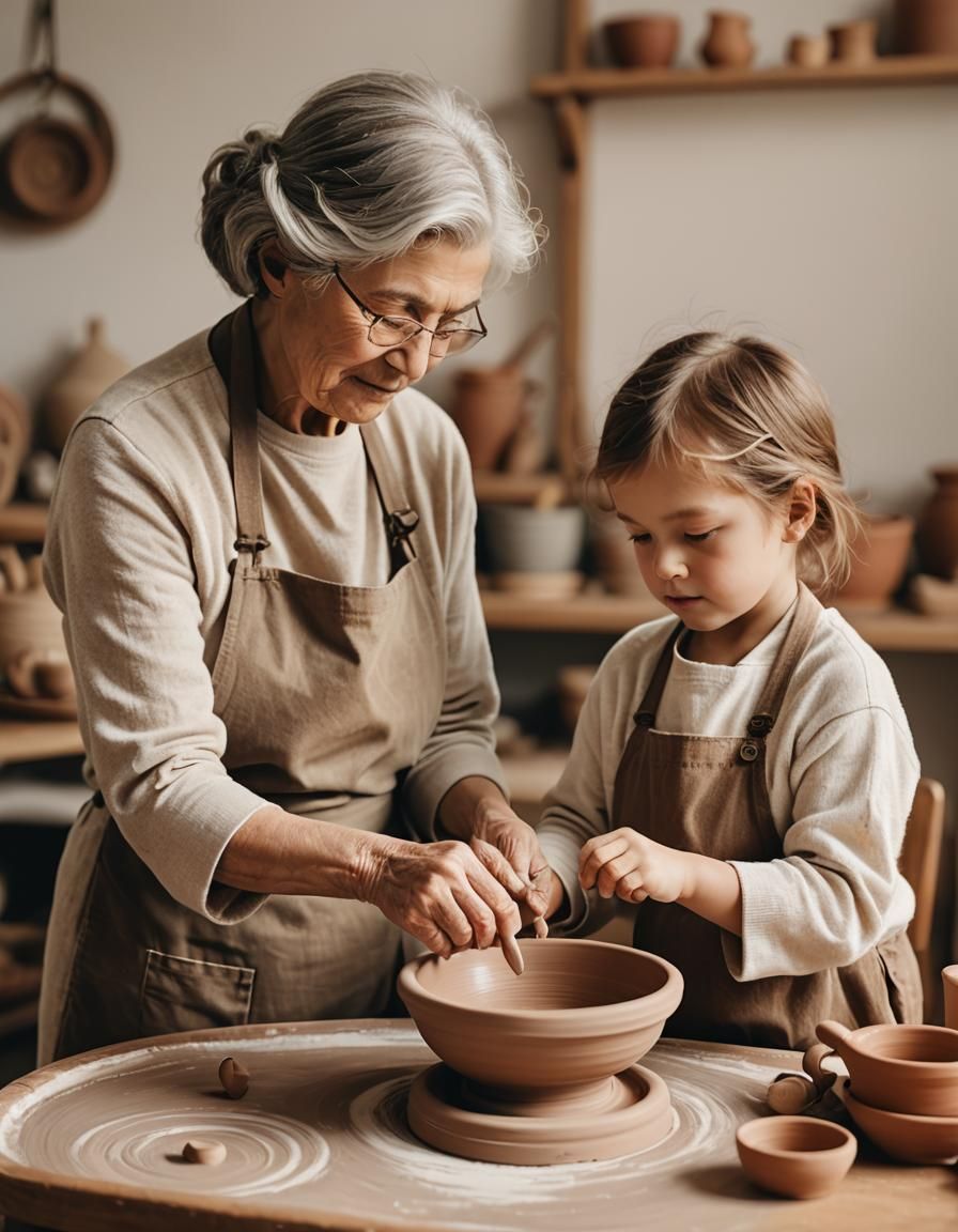 Grandmother and Child at Pottery Wheel in Soft Light