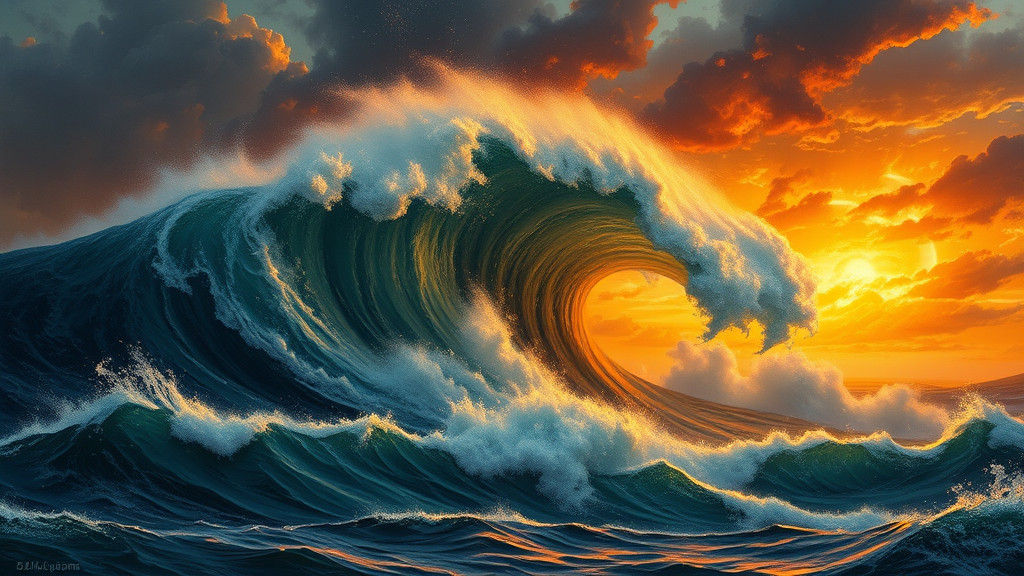 Colossal Wave Rises in Fiery Seascape