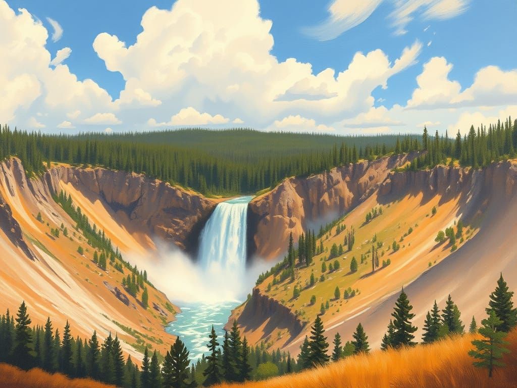 Majestic Yellowstone Waterfall in Warm Impressionist Style
