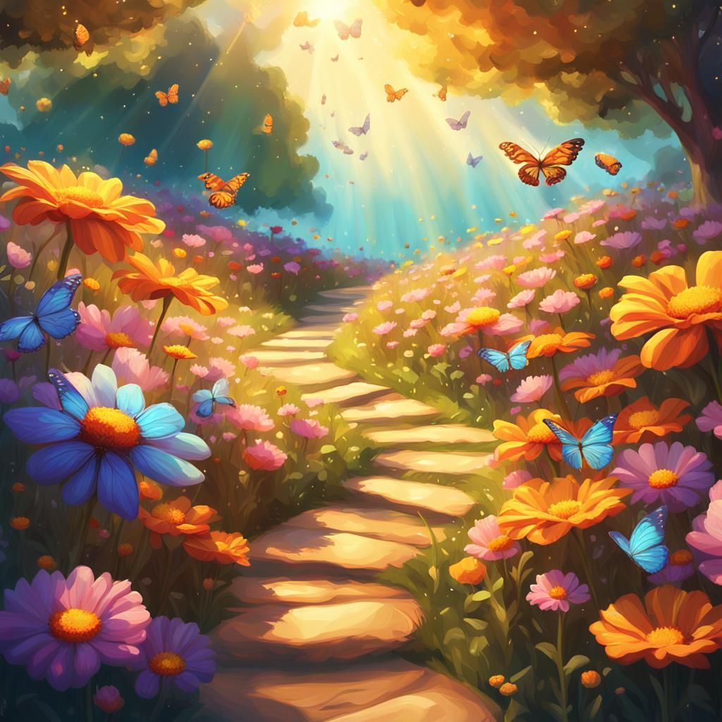 Fantasy Flower Garden with Butterflies, Art Nouveau Style