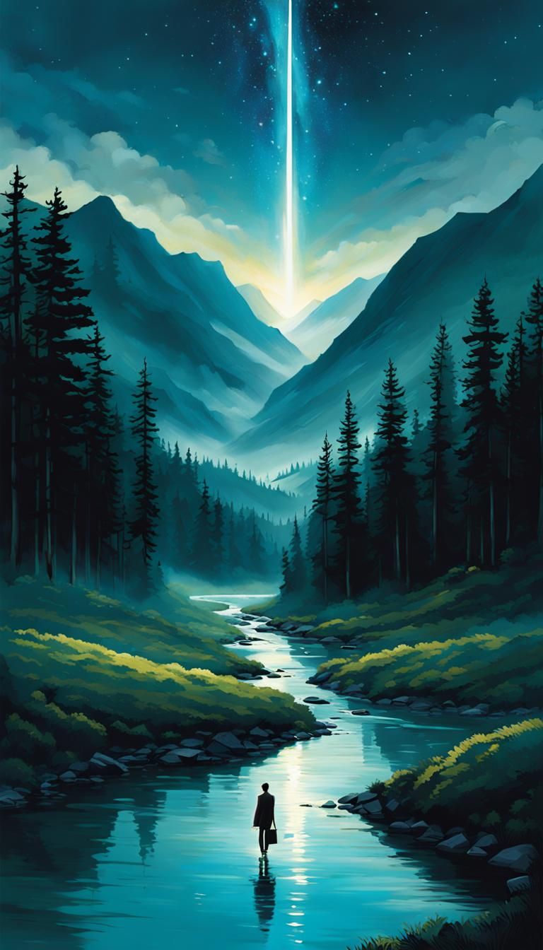 Dreamlike Night Landscape with River and Mountains