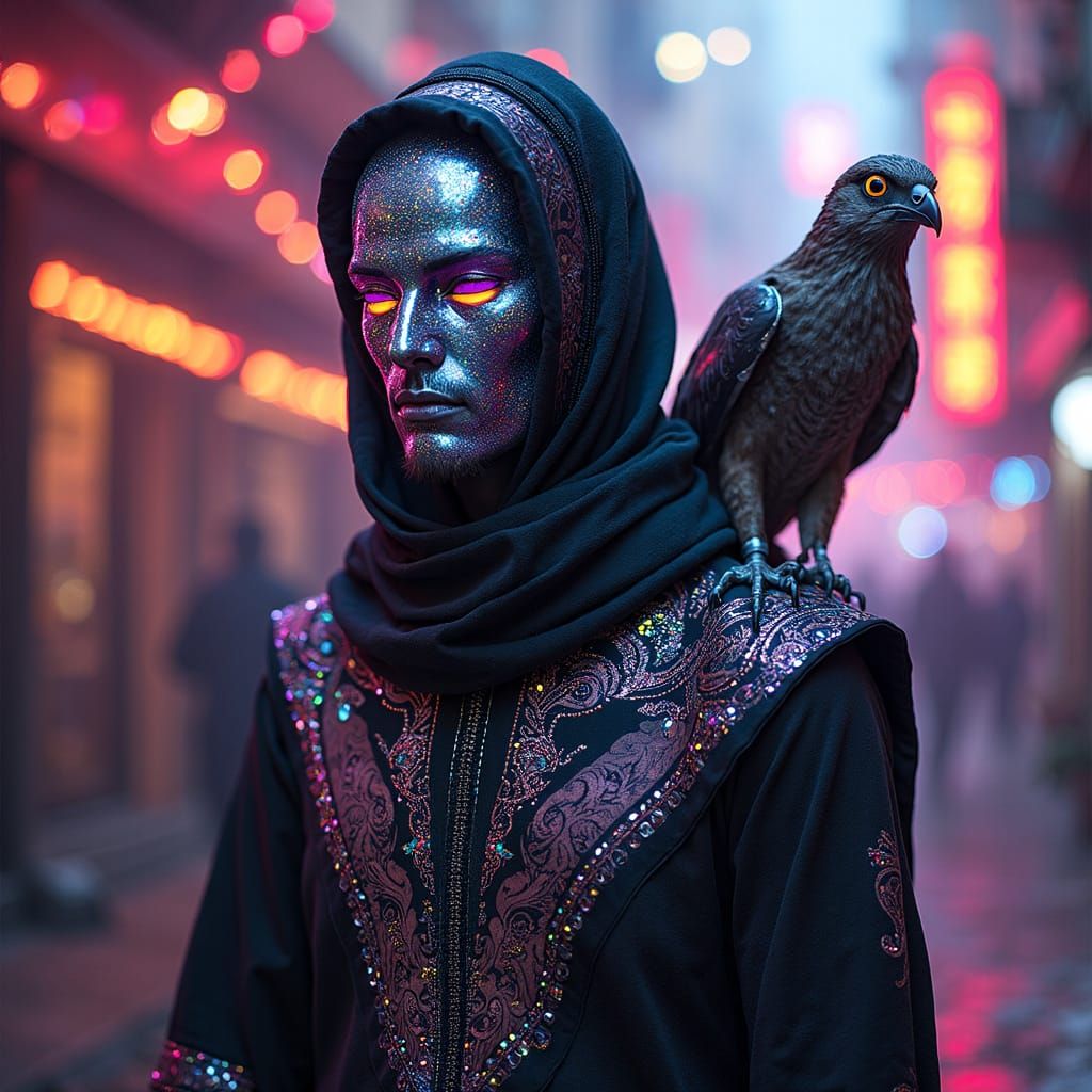 Cyberpunk Bedouin Warrior in Holographic Robes with Liquid C...