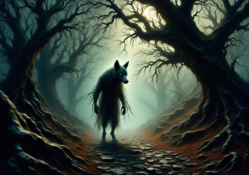 Werewolf Walks Misty Forest Path in Dark Fantasy Style