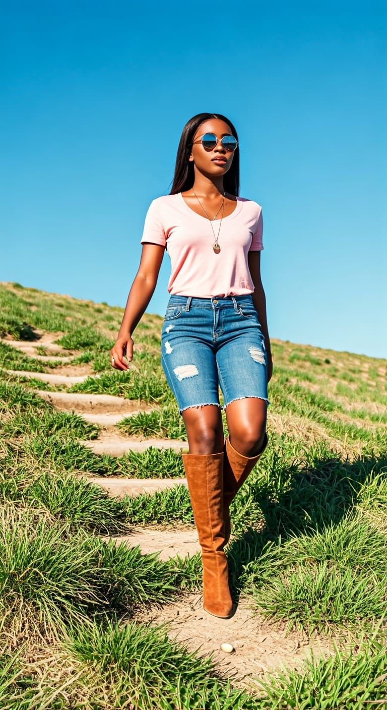 Black American woman in casual wear and knee-high boots