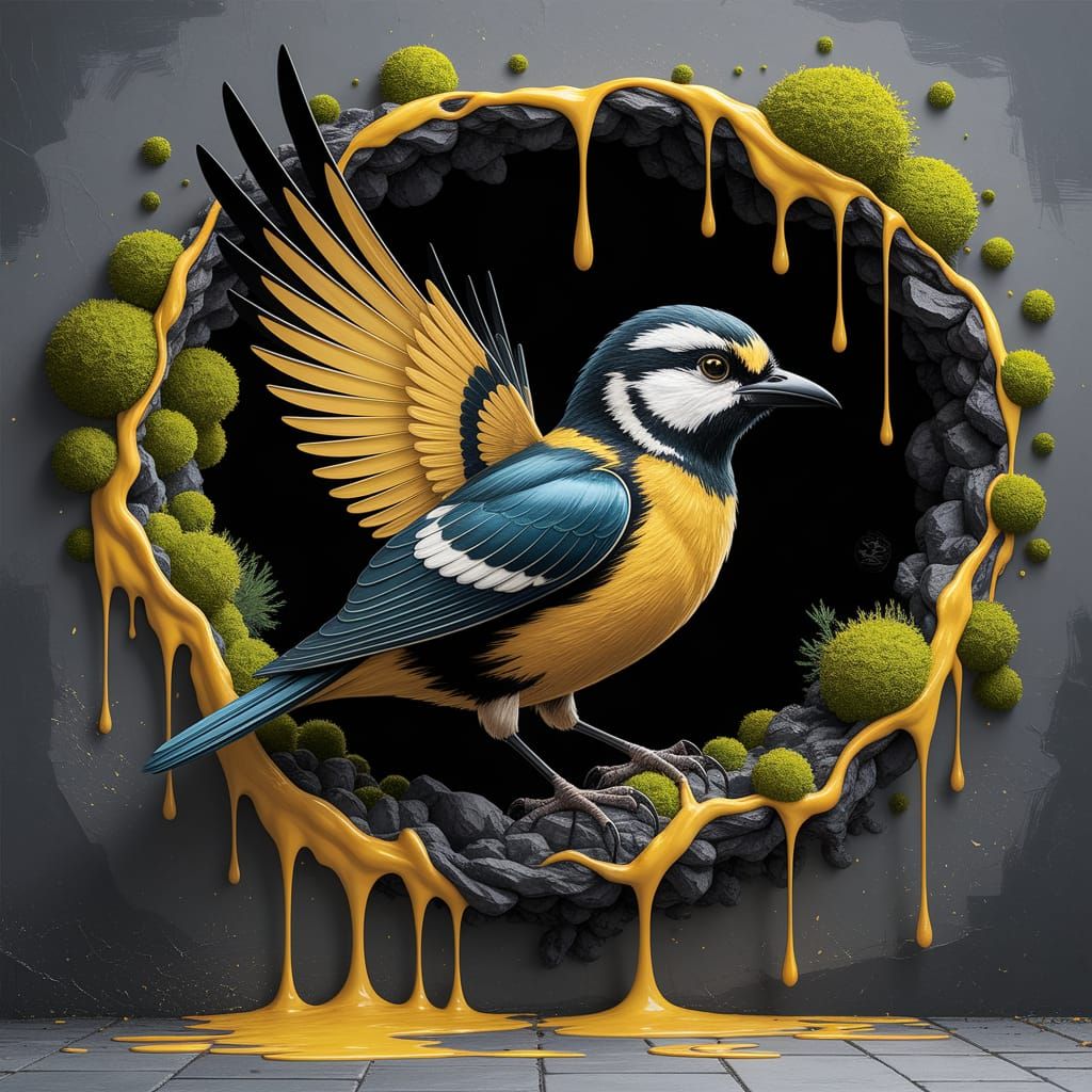 Bird Emerging from Urban Landscape in Vibrant Street Art