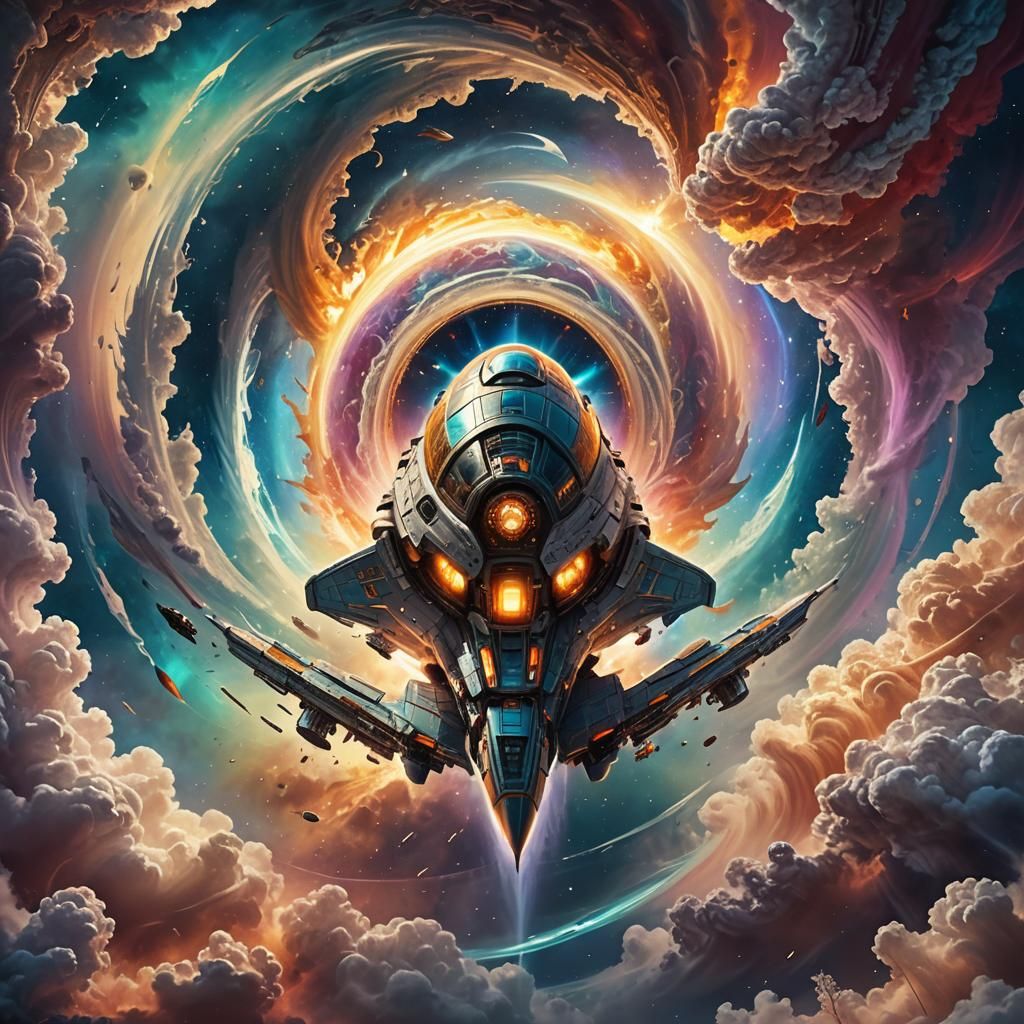 Fantasy Spaceship Emerges from Vortex: Digital Art