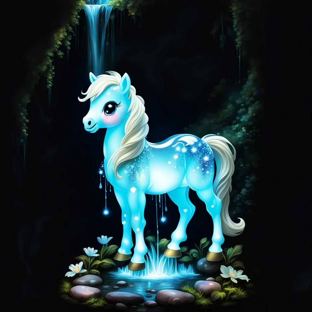 Bioluminescent Chibi Pony by a Waterfall