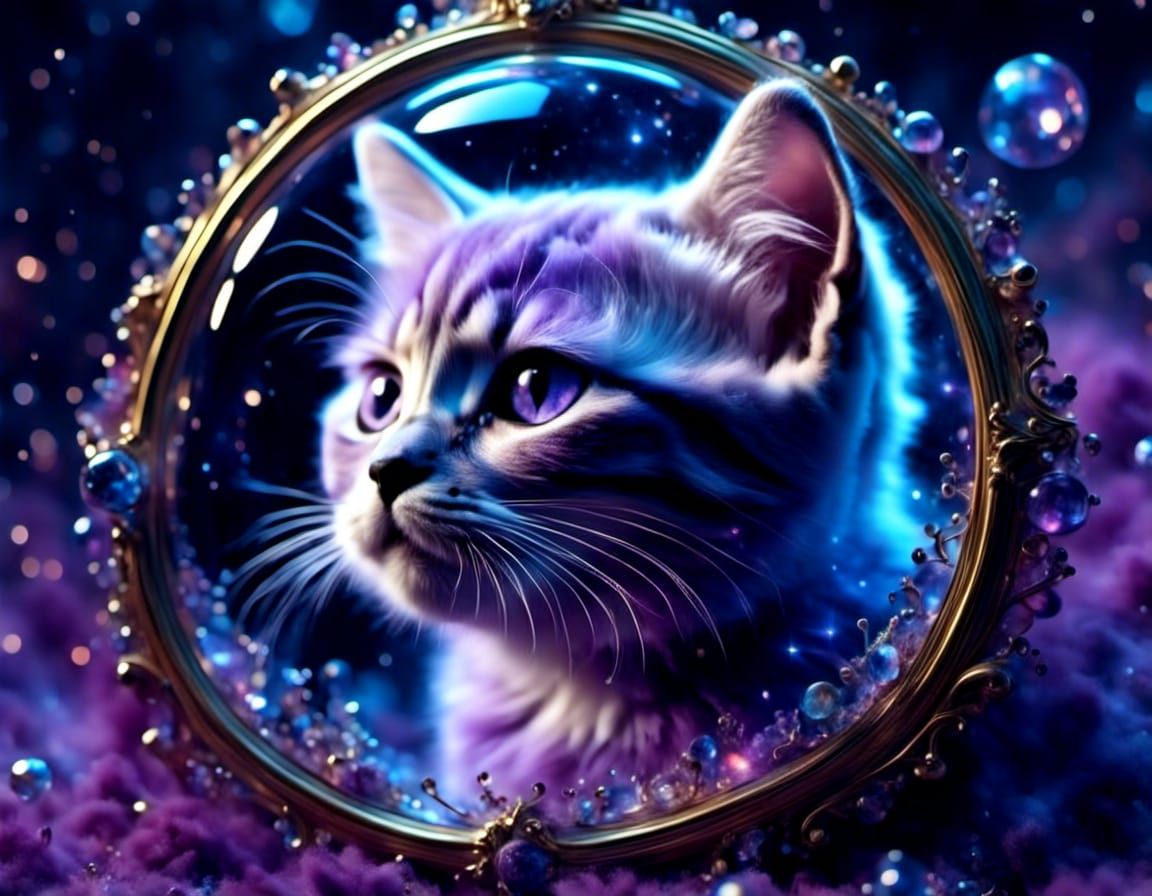 A kitten seeing a lion in a mirror, double exposure of galax...