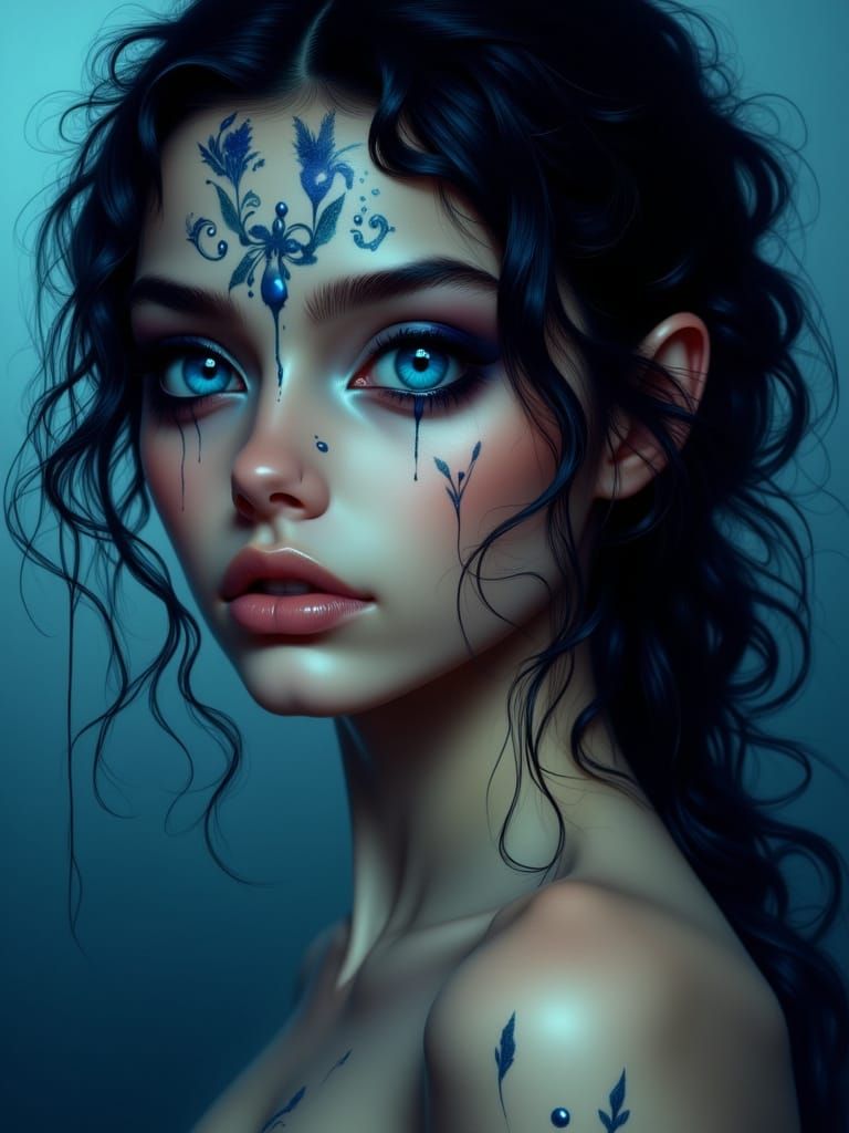 Beautiful Woman with Indigo Eyes in Dreamlike Setting