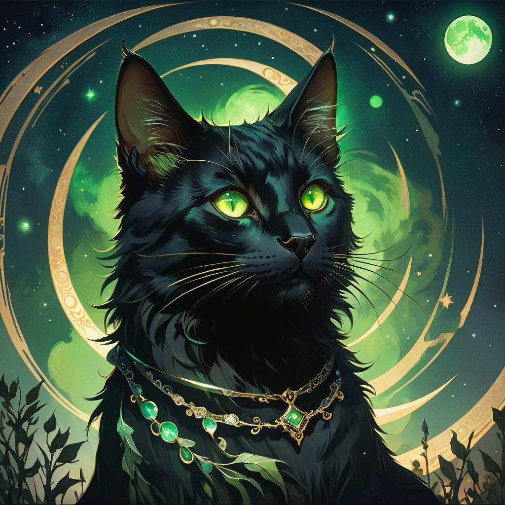 Mystical Black Cat Under Four Moons