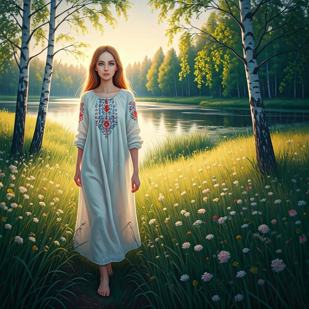 Woman in Meadow: Pastel Tone Matte Painting