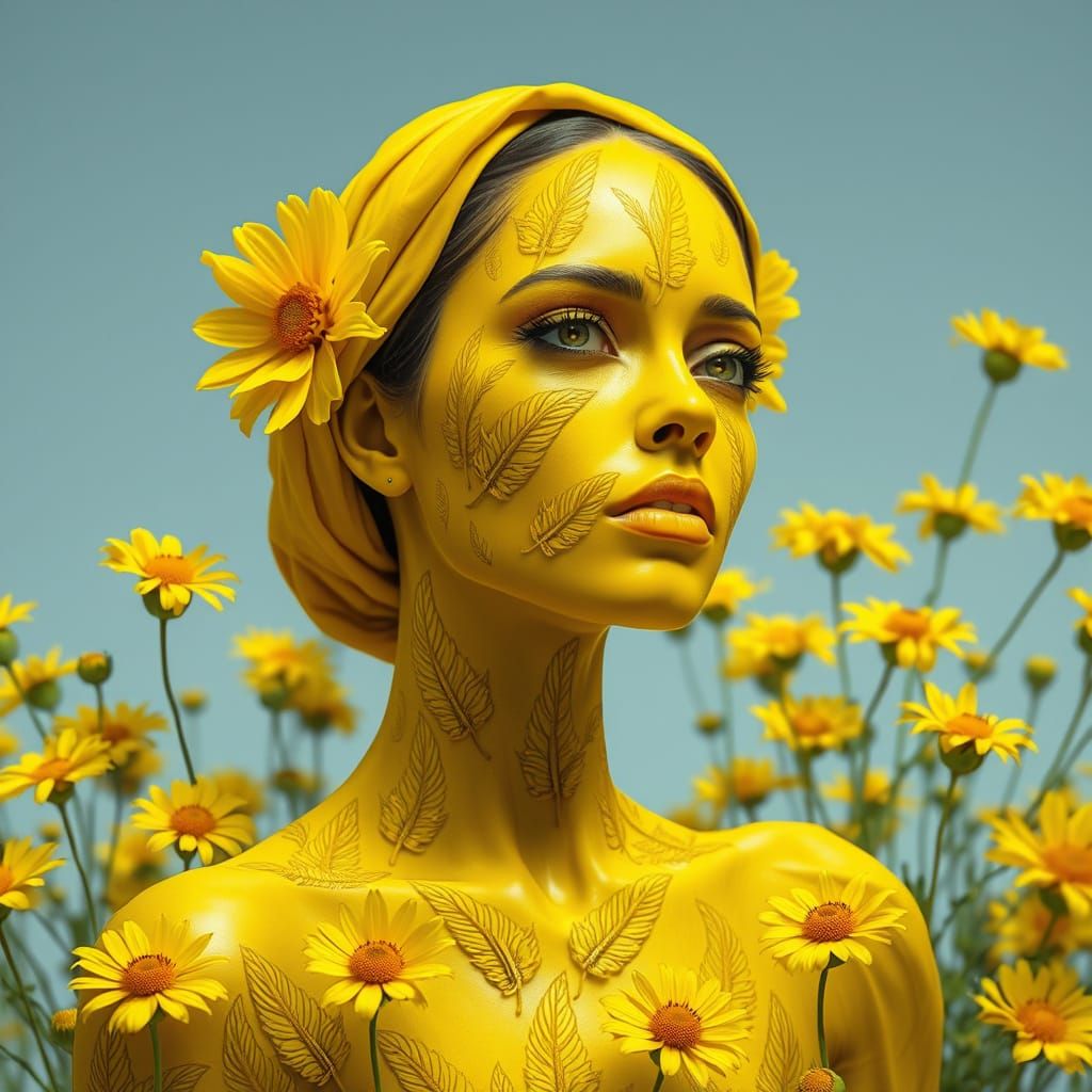 Surreal Yellow Mustard Woman with Feather Accents