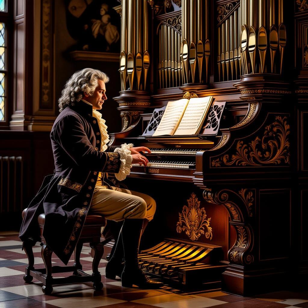 Mozart Plays Baroque Pipe Organ, Dramatic Lighting