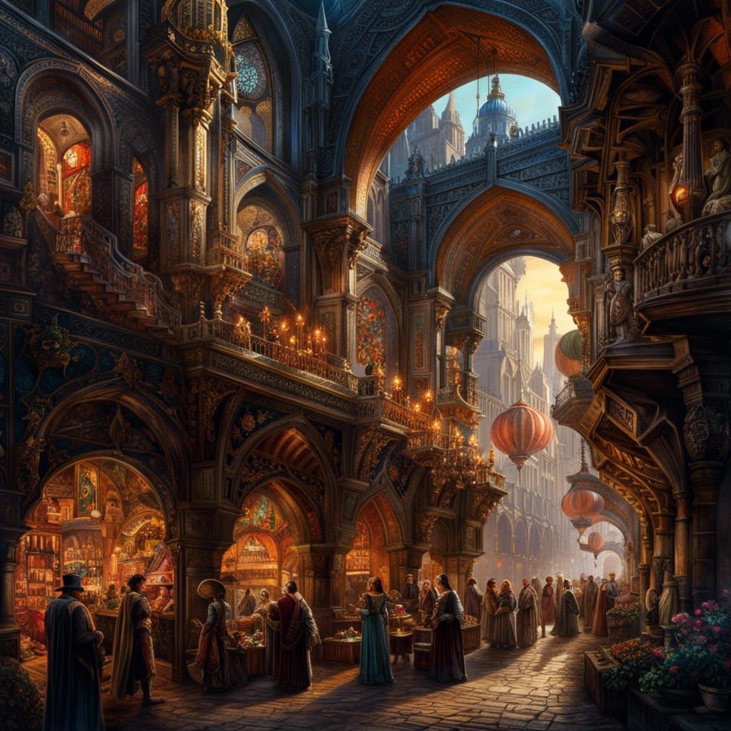 Bustling Medieval Marketplace at Sunset: Fantasy Art