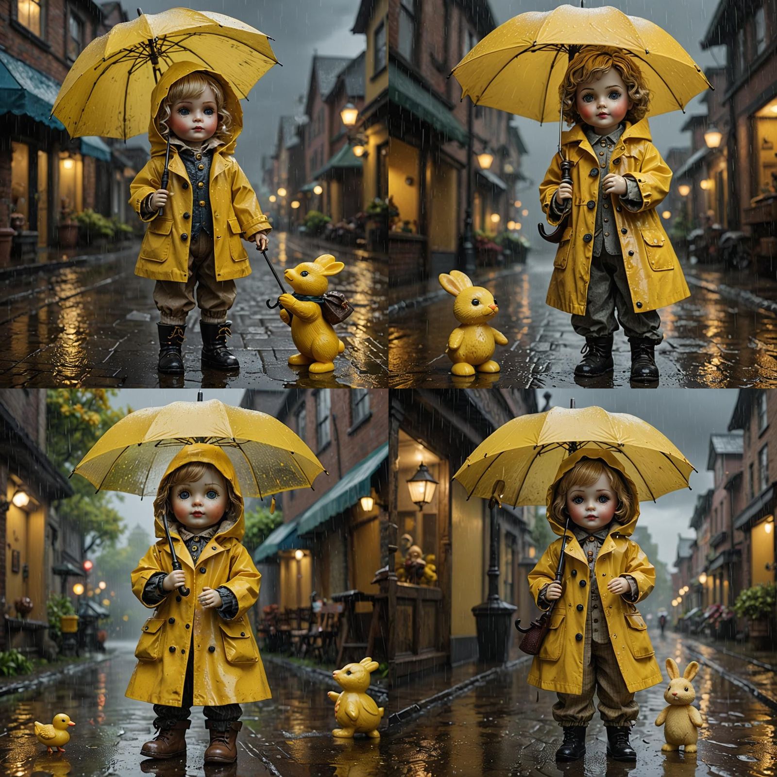 A creepy antique doll wearing a yellow rain coat, holding an...