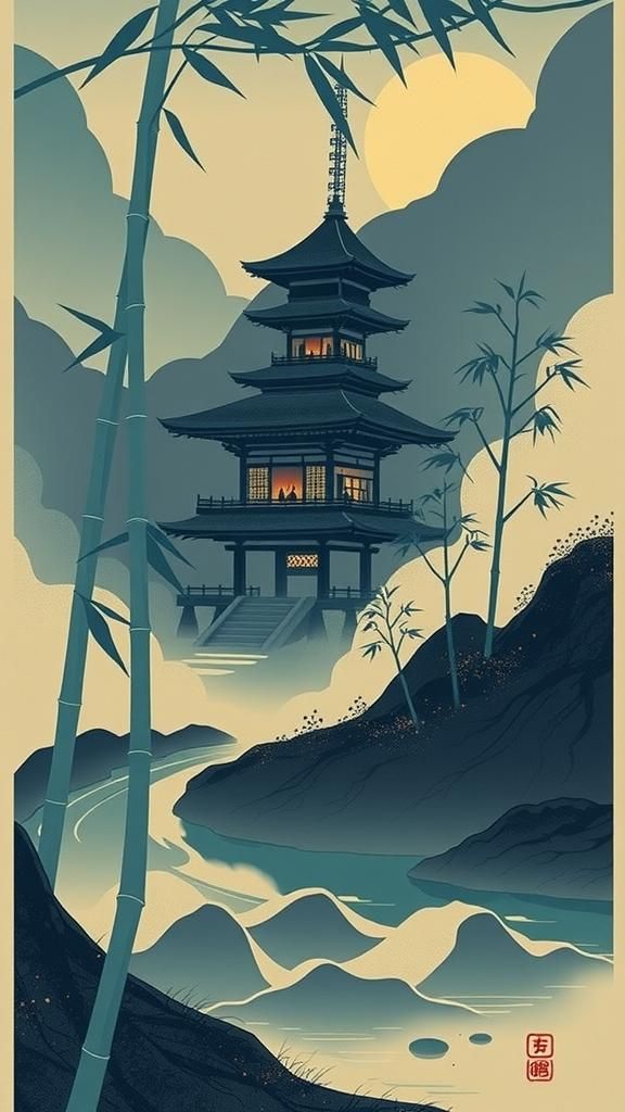 Bamboo Forest with Temple: Japanese Woodcut Style