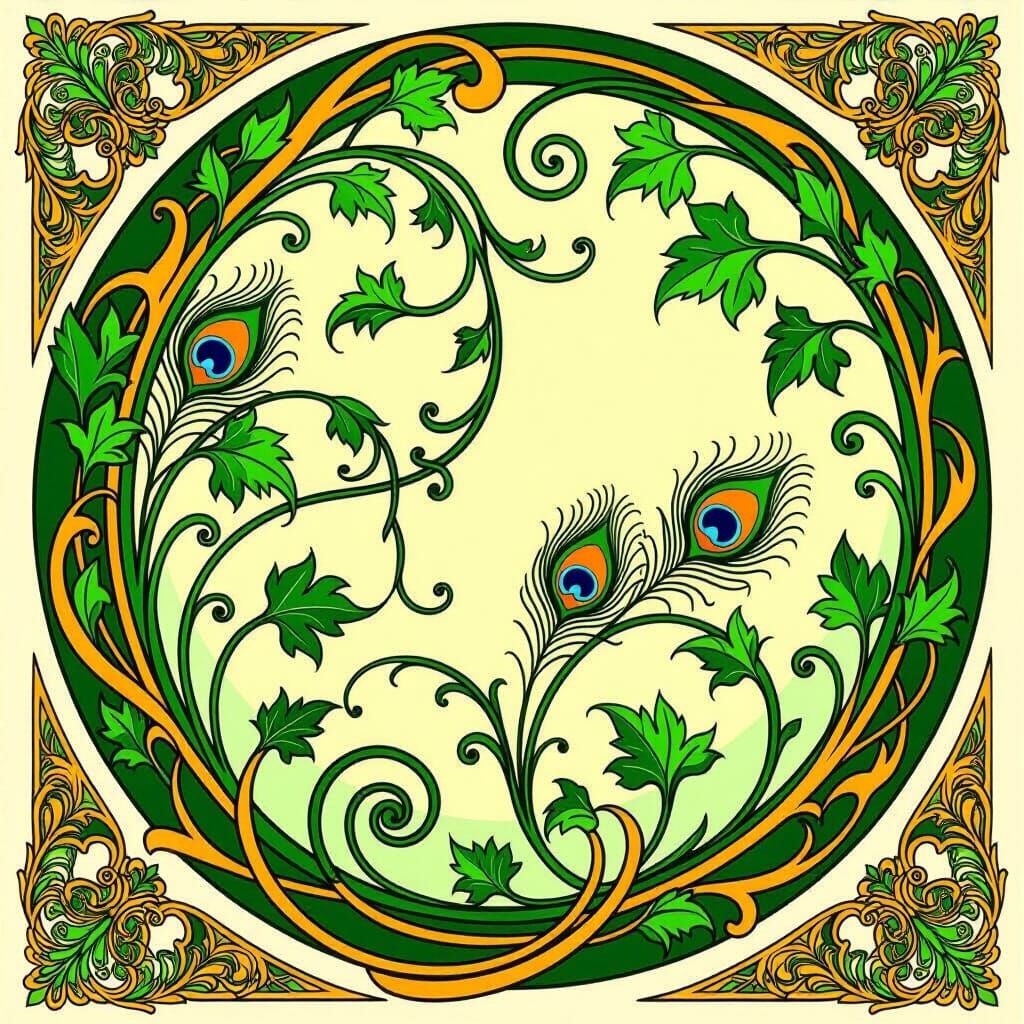 Art Nouveau Emerald Ivy and Peacock Feather Panel