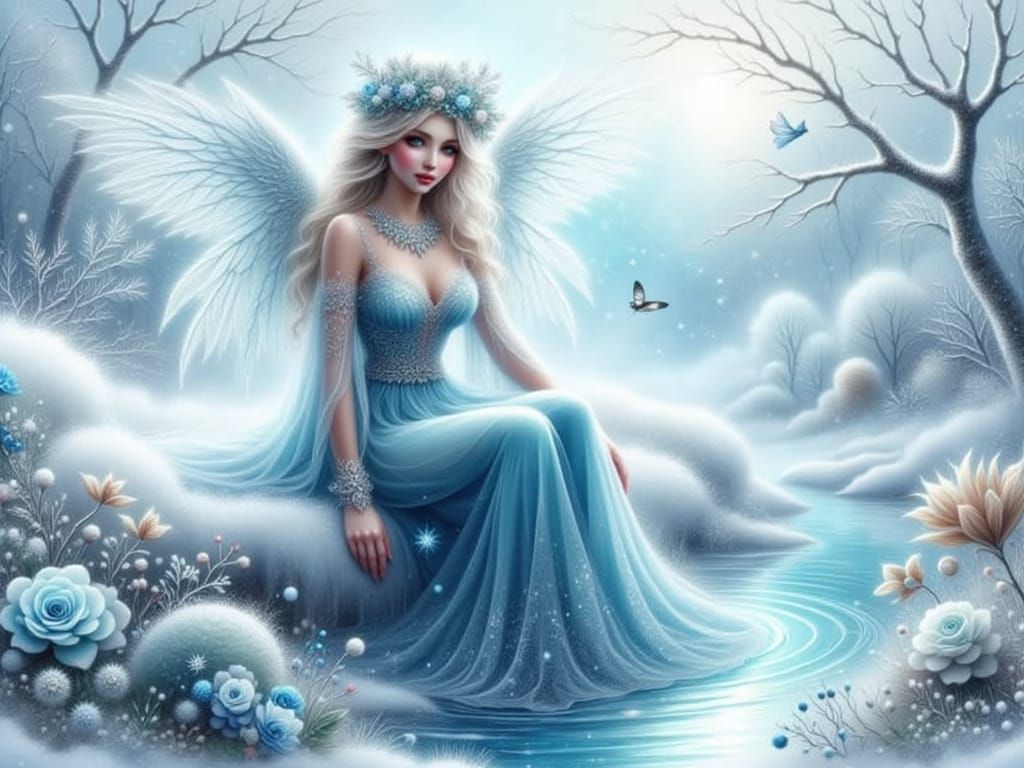 Elegant Lady Angel in Frosty Fantasy Scene