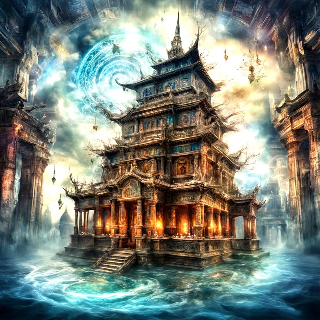 Temple in Floating Citadel, Watercolour Style