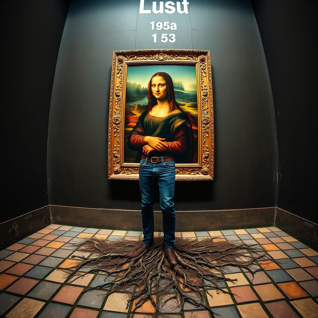 Man Rooted to the Spot Beside Mona Lisa