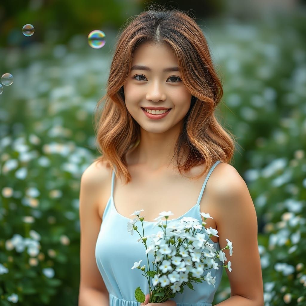 Smiling Japanese Woman in Garden with Flowers