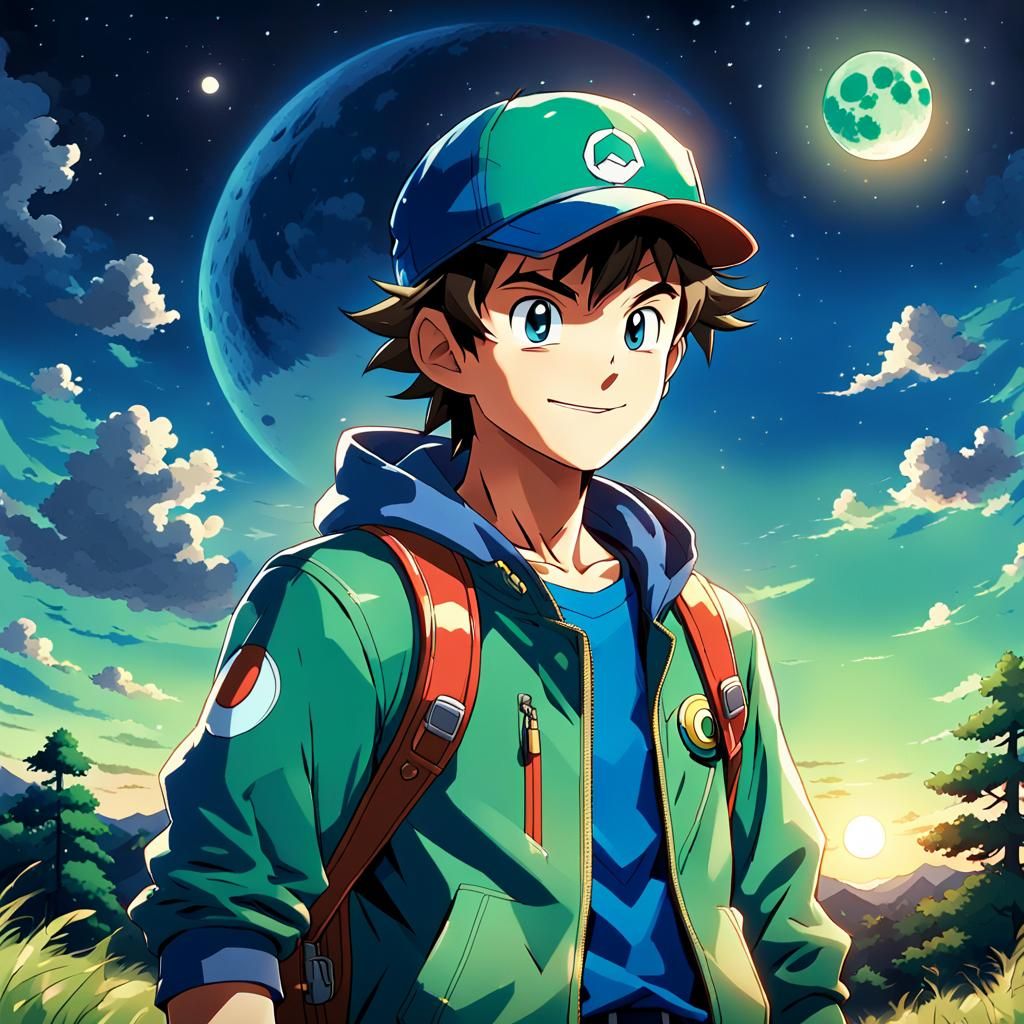 Pokemon Trainer Watches Moon: Anime Manga Scan Art