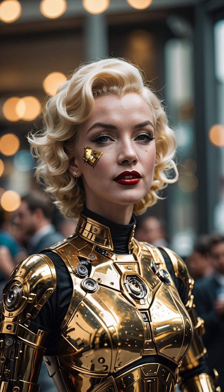 Marilyn Monroe is dressed up in a C3PO cosplay