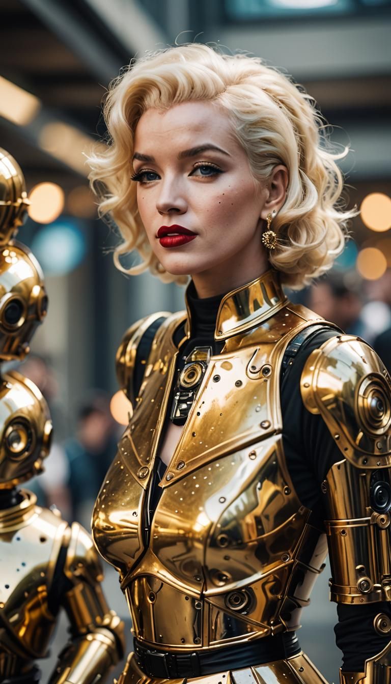 Marilyn Monroe is dressed up in a C3PO cosplay