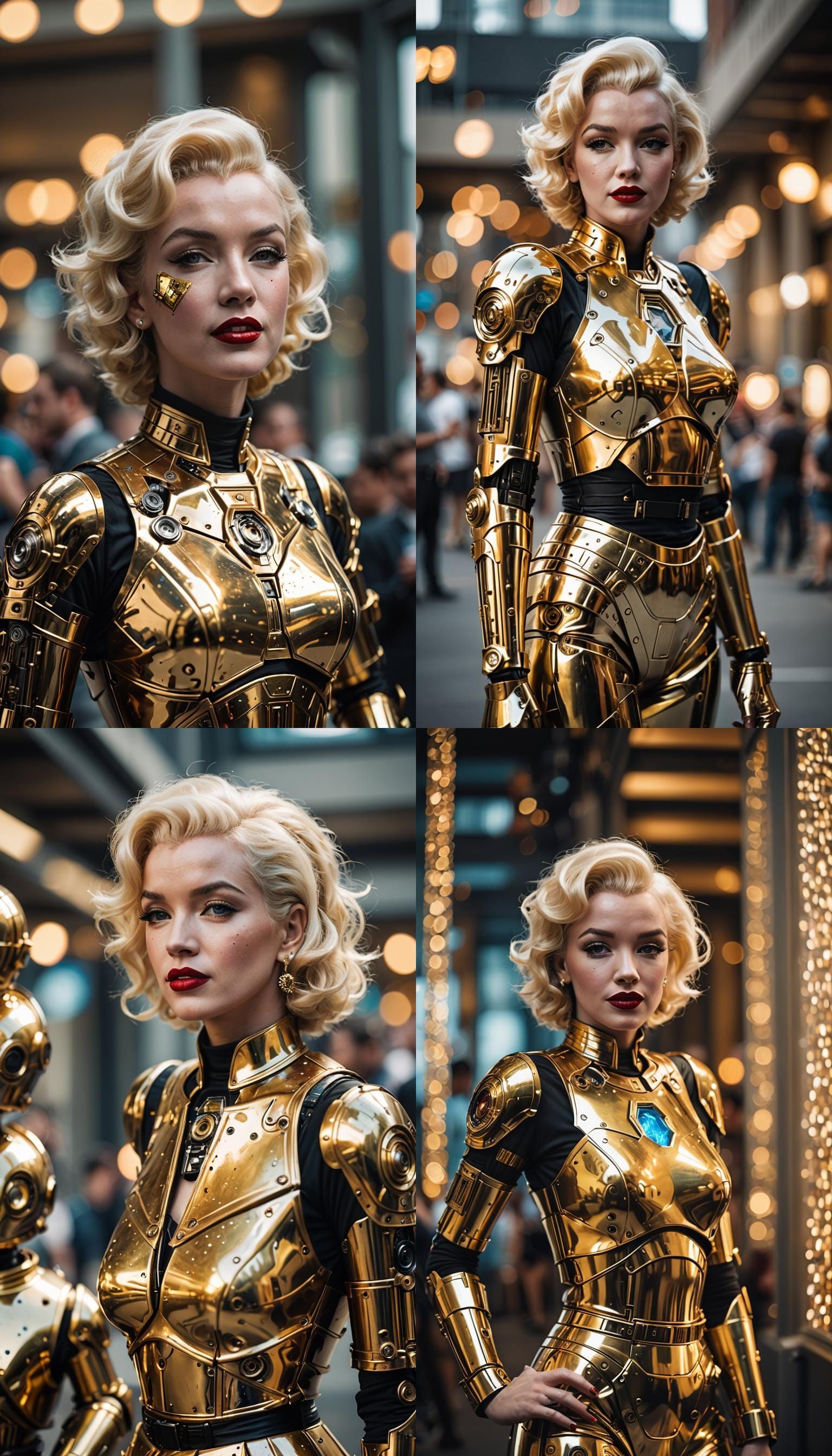 Marilyn Monroe is dressed up in a C3PO cosplay